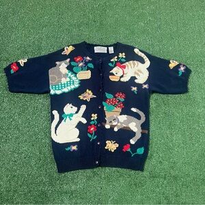 Northern Isles vintage 90s Cottagecore cat flowers butterfly hand knit cardigan